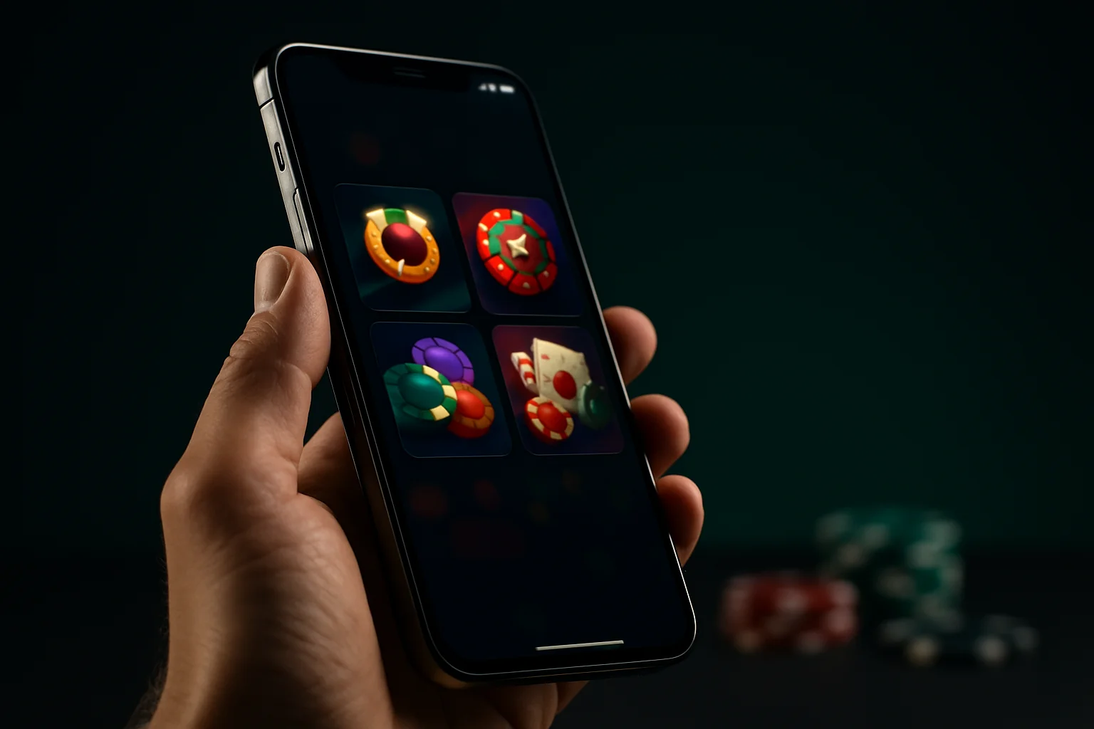 Flagship Android smartphone showing vivid casino app interface in dramatic lighting