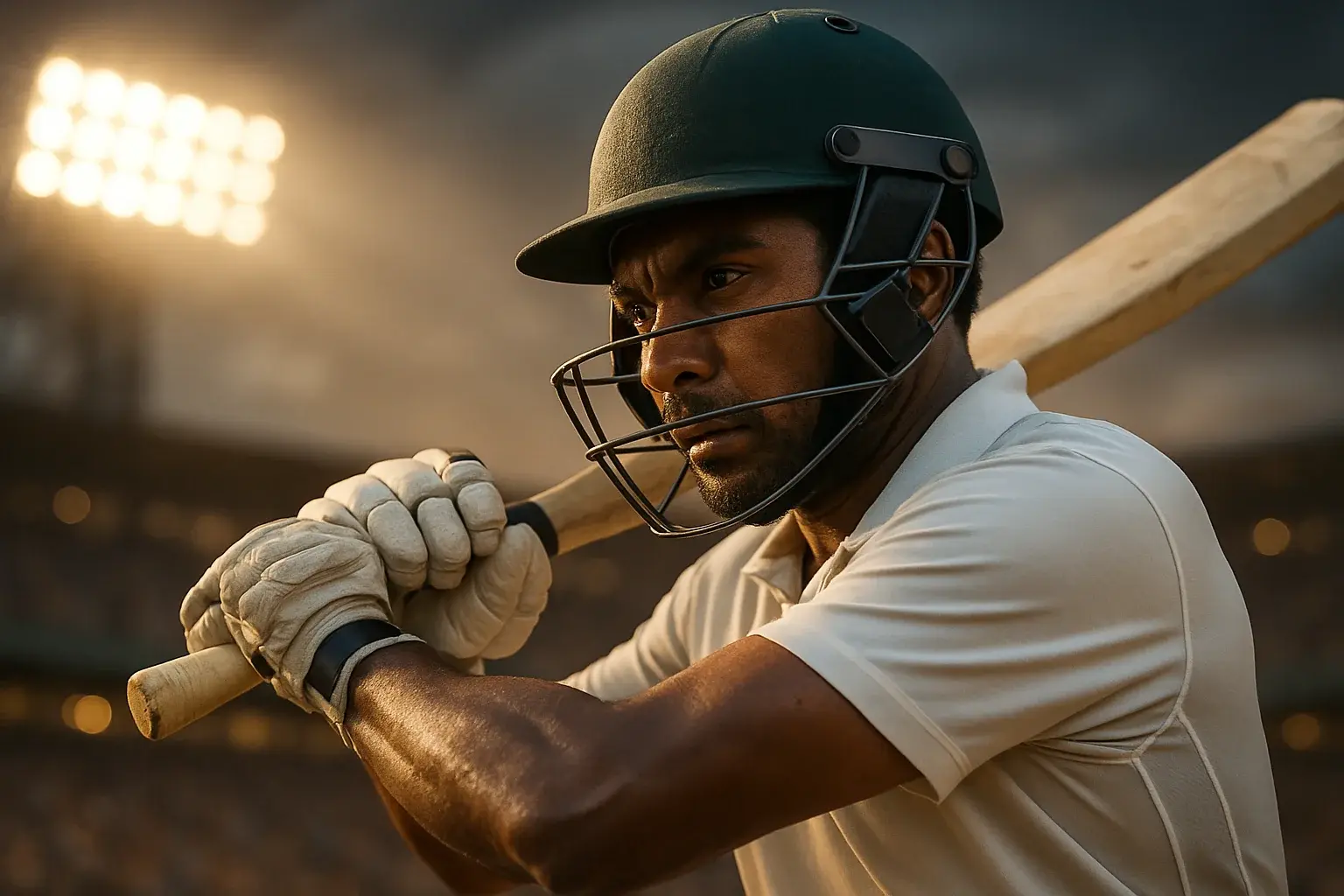 Bangladeshi male cricket batsman in white kit mid-swing under stadium lights