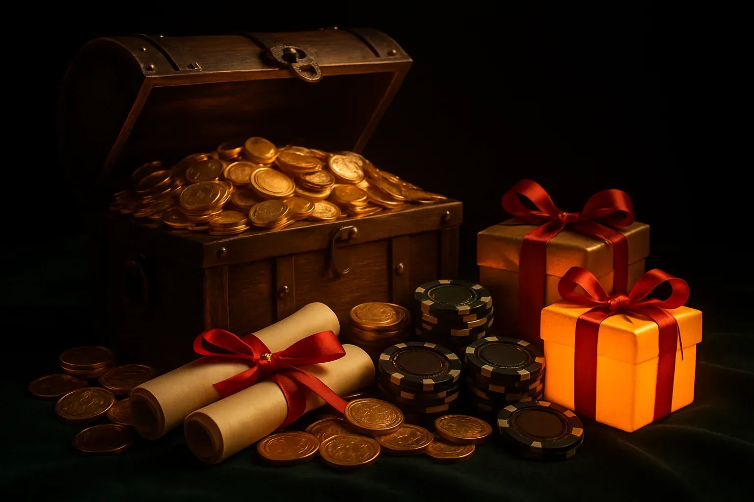 Overflowing treasure chest with gold coins, casino chips, vouchers, and gift boxes