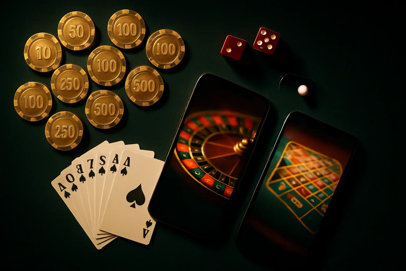 Top-down casino table with gold chips, cards, dice, roulette ball, smartphone