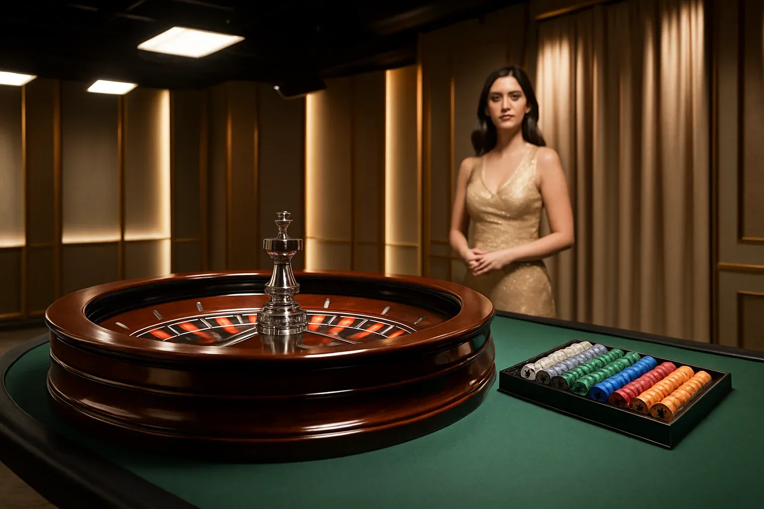 Premium live casino studio with empty roulette table and dramatic lighting