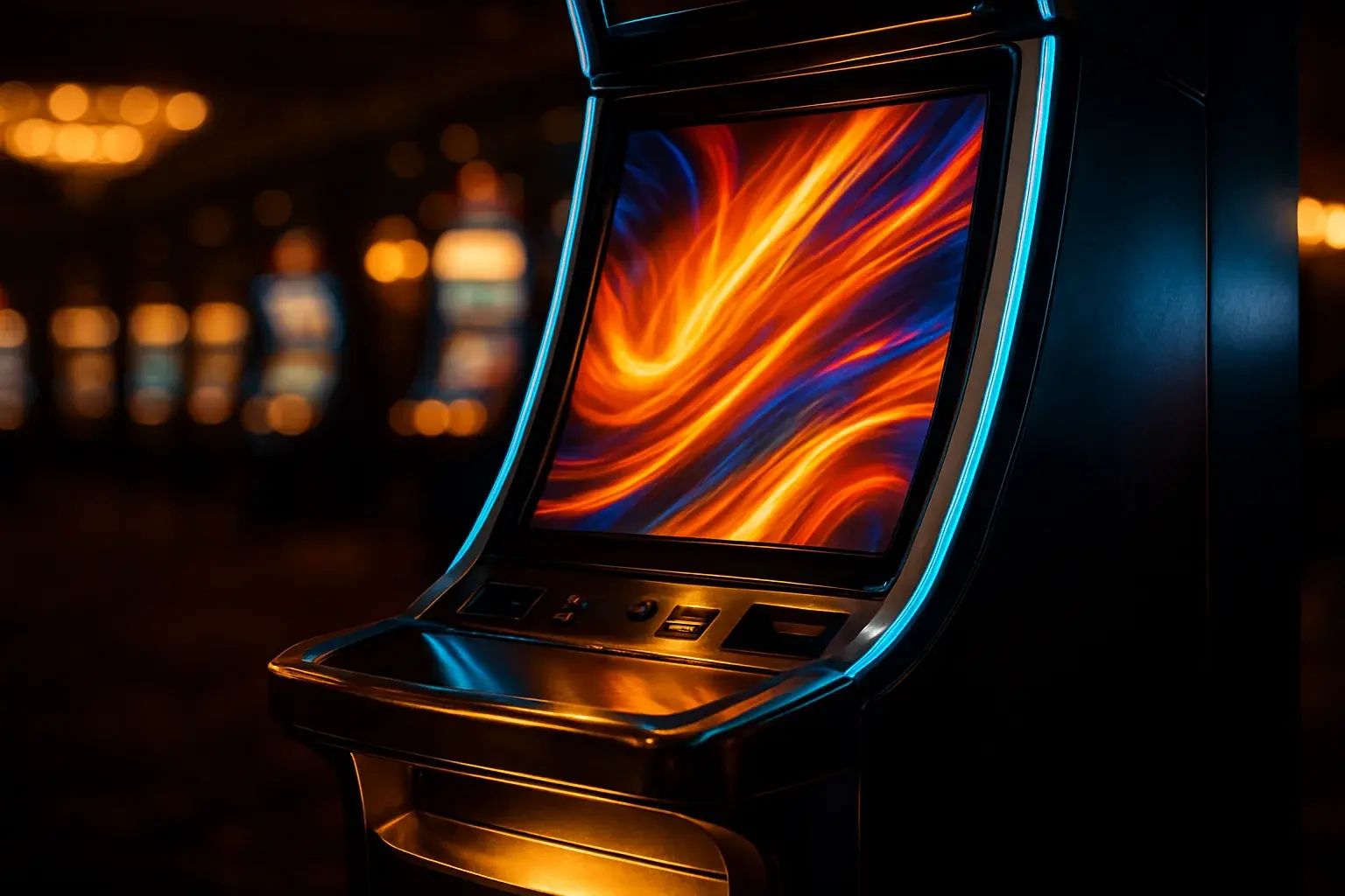 Premium slot machine glowing in dark luxury casino with neon lighting